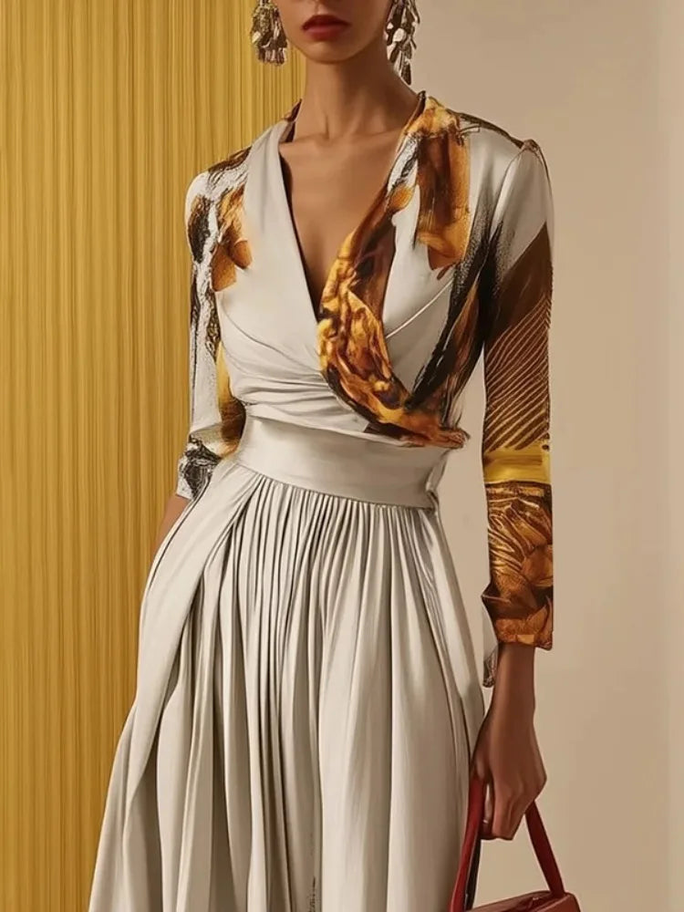 Freeacy Women's Elegant One-piece Suit Printed Deep V-neck Long Sleeves Jumpsuit 2025 Elastic High Waist Wide Leg Jumpsuits