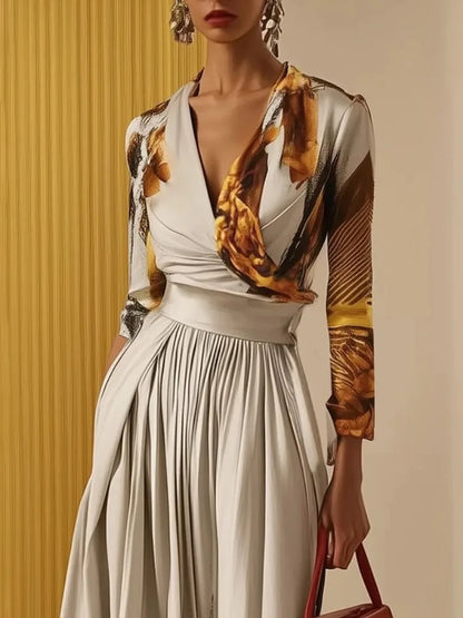 Freeacy Women's Elegant One-piece Suit Printed Deep V-neck Long Sleeves Jumpsuit 2025 Elastic High Waist Wide Leg Jumpsuits