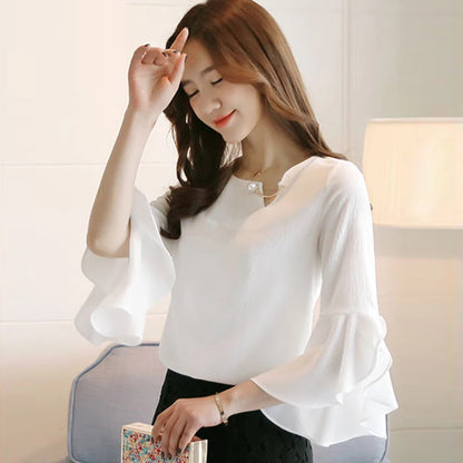 Seven-point Female Ruffled Sleeved Loose Shirt Chiffon Blouses