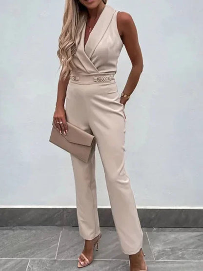 Women Summer Jumpsuit Backless V Neck Solid Zipper Off Shoulder Sleeveless Overalls With Pockets Casual Slim Long Rompers Female