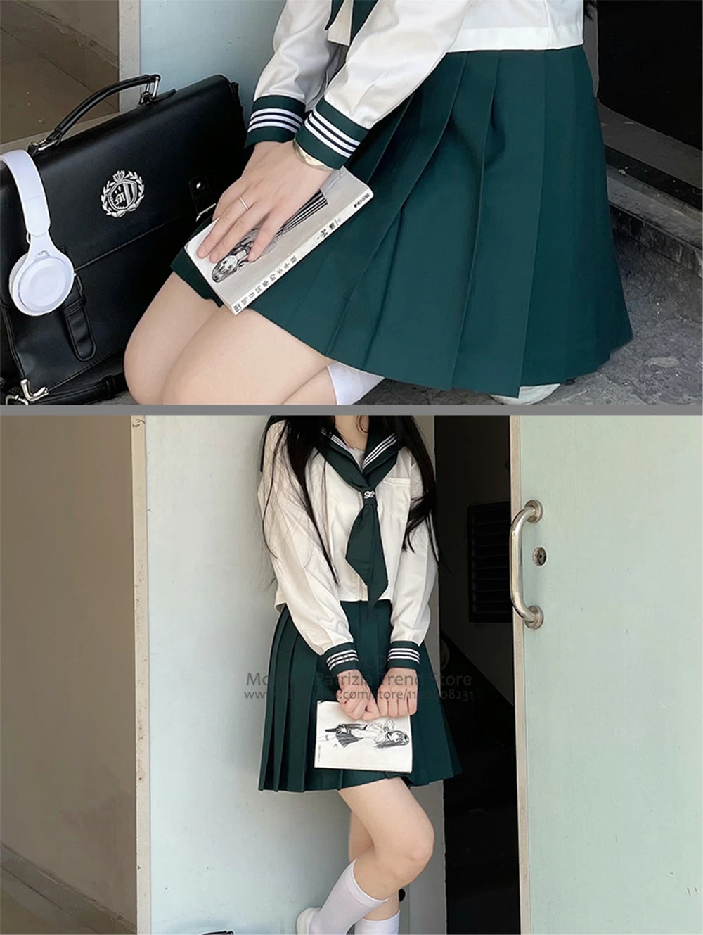 Japanese School Girl Uniform XS-XL JK Green Sailor Basic Cartoon Three Lines Sailor Uniform Sets Navy Costume Women Girl Costume