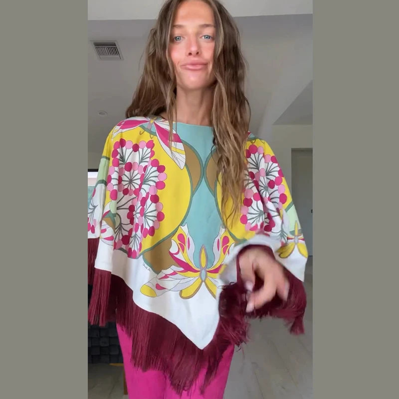 Elegant Printed Women's Shawl Fringed O-Neck Irregular Lady Cape 2026 Spring Summer Fashion Female Tassels Street Wear