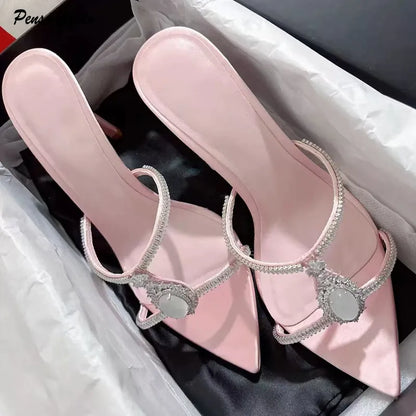 Luxury Rhinestones Gem Narrow band Women Slipper Sandals Elegant Pointed toe Thin High heels Mules Slides Fashion Party Shoes