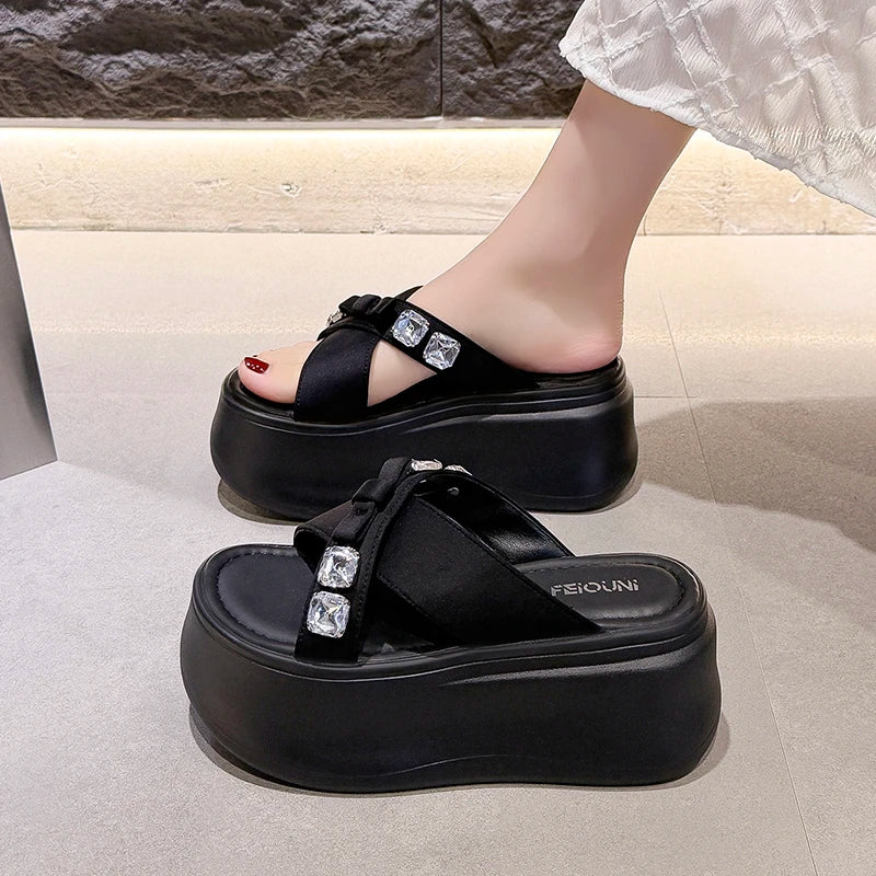 Summer Women's Luxury Rhinestone Bow Platform Wedge Slides Sandals Height Increasing Cross Open Toe Casual Beach Slippers Shoes