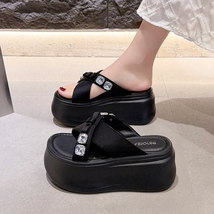 Summer Women's Luxury Rhinestone Bow Platform Wedge Slides Sandals Height Increasing Cross Open Toe Casual Beach Slippers Shoes