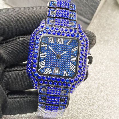 Classic Blue Black Iced Out Quartz Watch Men Full Diamond Watch Male Sliver Vintage Square Shaped Hip Hop Man AAA Clock Reloj