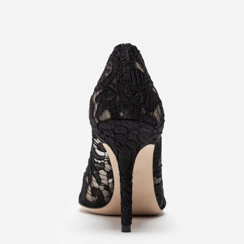 Mesh lace high-heeled shallow mouth shoes 2026 new pointed crystal buckle slim heel fashionable banquet women's single shoes
