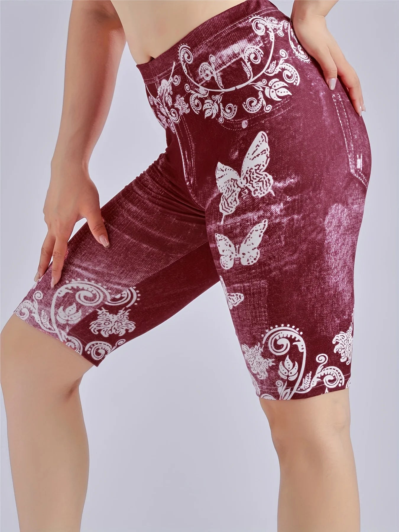 Lmitation Denim Leggings For Women Butterfly Waist Fruit Flower Elastic Shorts High Waist Casual