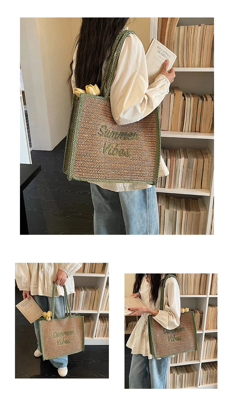 Large Capacity Women Tote Bag 2026 New Fashion Hand-made Straw Bag Female Shoulder Handbag Causal Commuter Bags for Ladies