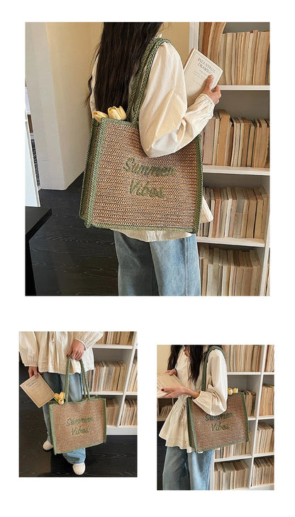 Large Capacity Women Tote Bag 2026 New Fashion Hand-made Straw Bag Female Shoulder Handbag Causal Commuter Bags for Ladies