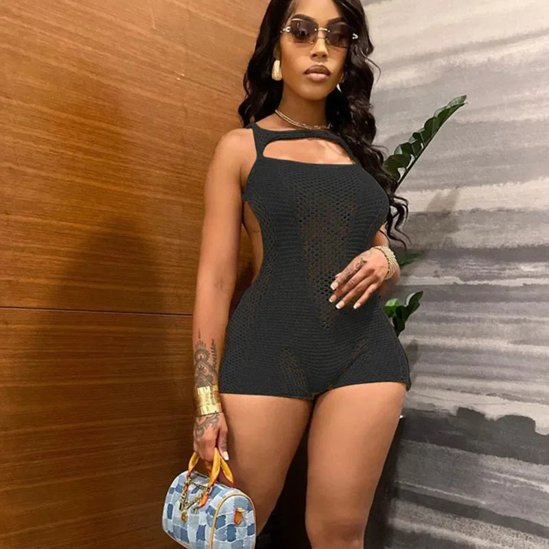 Sexy Hollow Out Knitted Party Playsuit Women Rompers and Jumpsuits Open Back Sleeveless Skinny Beach Outfits Combinaison Short