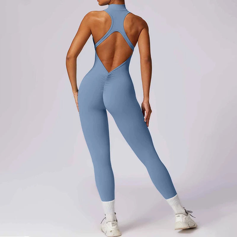 Sport Jumpsuits Women Zipper Fitness Overalls Sexy Backless Gym Bodysuits Scrunch One Piece Suit Workout Clothes Tracksuits