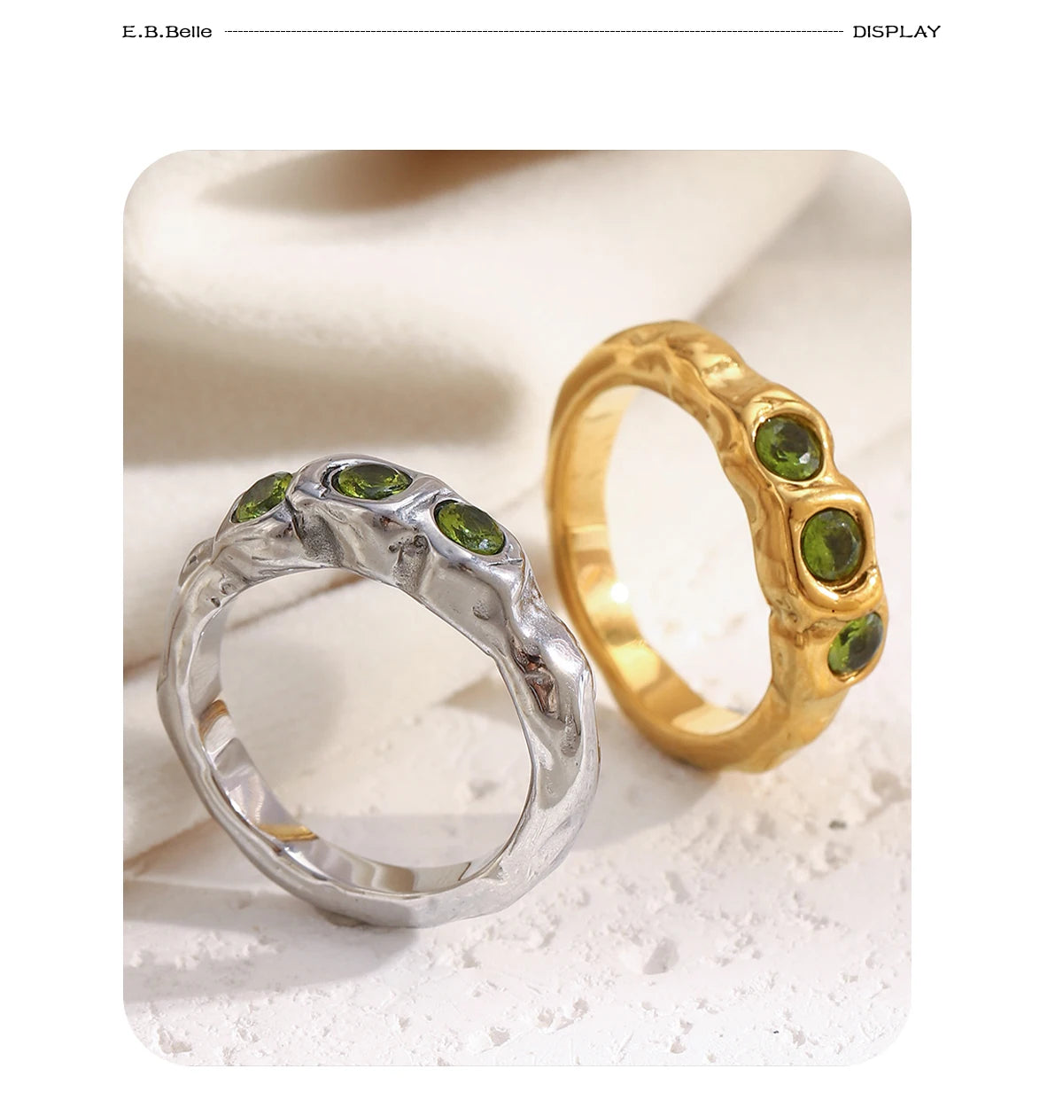 E.B.belle New Vintage Style Three Green Zircon Ring PVD Plated 316L Stainless Steel Simple Women Statement Finger Chic Jewelry