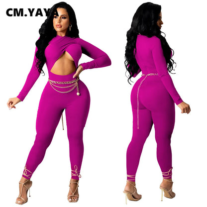 CM.YAYA Women Hollow Out Cross Sexy Party Clubwear Long Sleeve Jumpsuits 2024 Winter Autumn Street Crop One Piece Suit Rompers