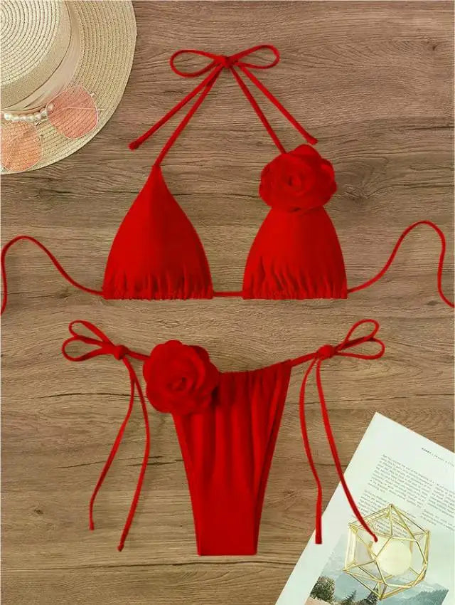 2026 S-L Sexy 3D Flowers Halter Strappy Bikini Women Swimwear Female Swimsuit Two-pieces Bikini Set Bather Bathing Suit Swim