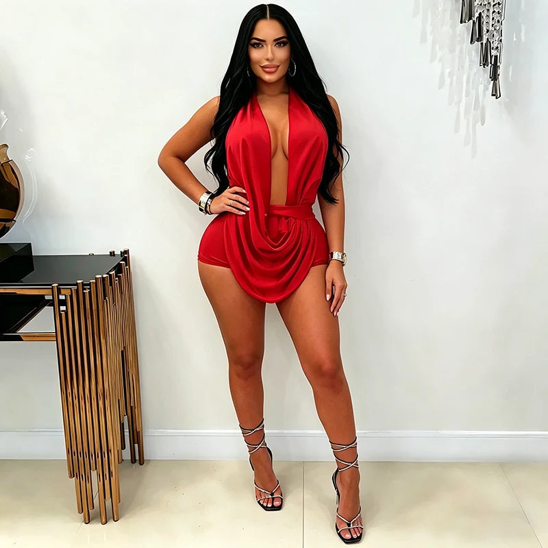 Sexy Deep V-neck Halter Backless Bodycon Rompers Woman Playsuit Sleeveless Ruched Jumpsuit Short Overalls Night Party Outfits