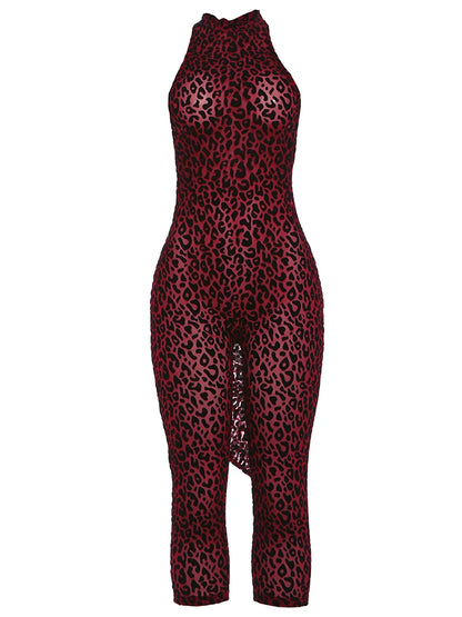 Kliou Leopard Print Playsuits Woman Bandage Halter Backless Sleeveless Skinny Peach Hip Hot Girls Street Style Classic Rompers