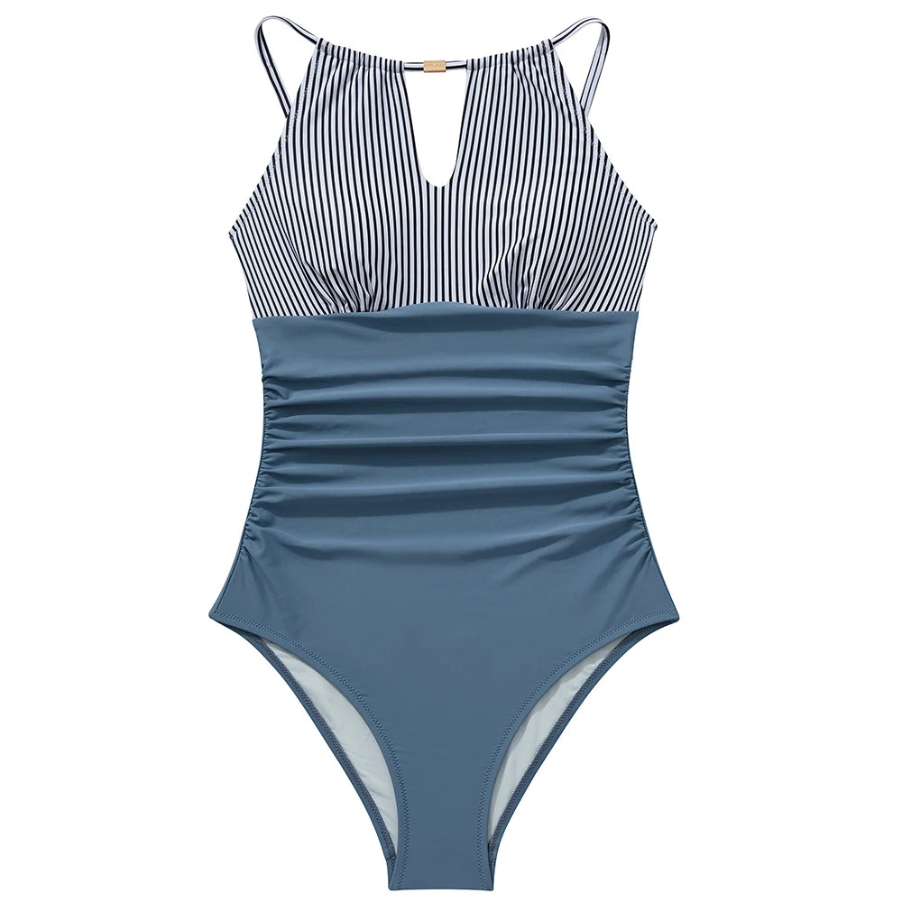 Women's One Piece Swimsuits High Neck Tummy Control Retro Bathing Suits Monokini Solid Summer Swimwear Beachwear Female
