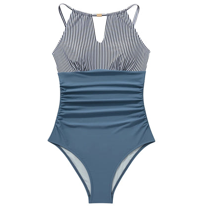 Women's One Piece Swimsuits High Neck Tummy Control Retro Bathing Suits Monokini Solid Summer Swimwear Beachwear Female