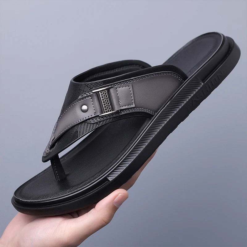 New Trend Men's Flip Flops Leather Beach Sandals Quick Dry Water Shoes Non Slip Summer Slippers Outdoor Slides Walking Sandalias