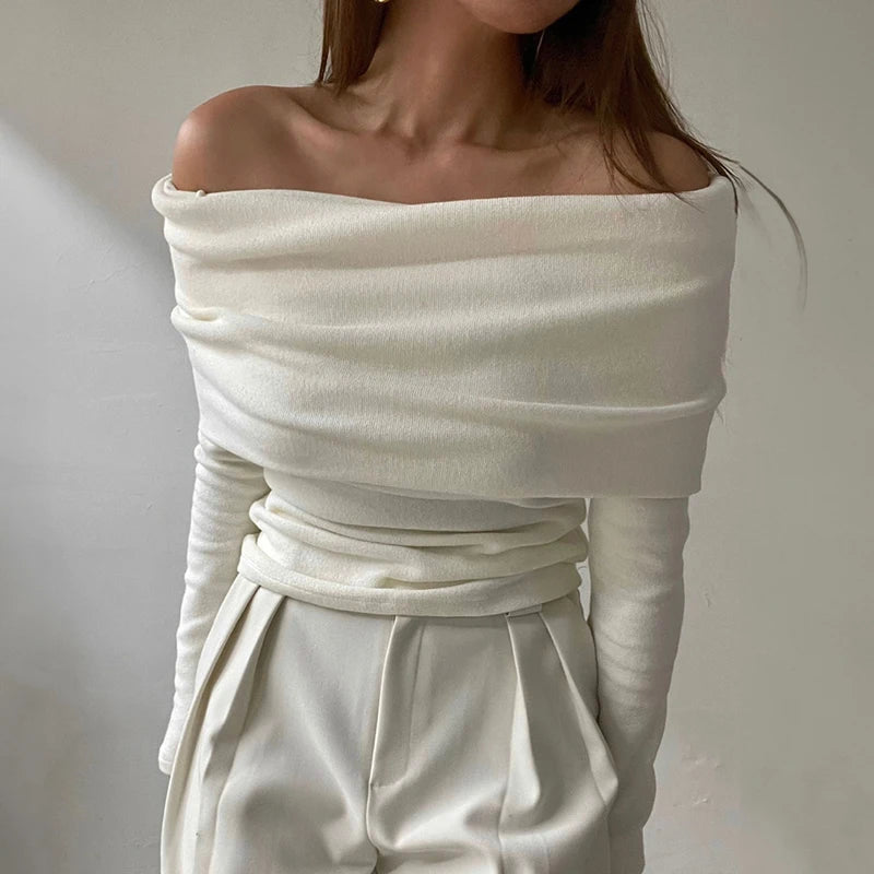 Long Sleeve Off Shoulder Knit Top Women Stretchy Ruched Strapless Pullover Bardot Sweater Spring Summer 2026 Elegant Fashion
