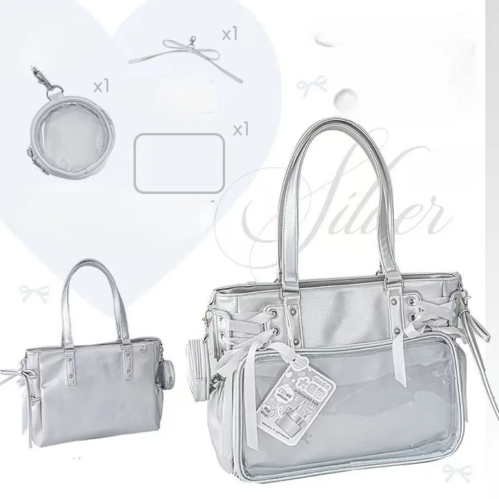 Sweet Cute Bow Shoulder Bags Women Horizontal Transparent Large Capacity Anime Ita Bag Ladies Harajuku Solid Color Handbag Chic