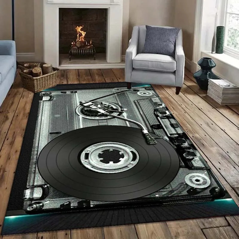 Vinyl Record Player Rug - Music Lover's Dream Carpet for Living Room, Classic Audio Equipment Design Skid resistant carpet