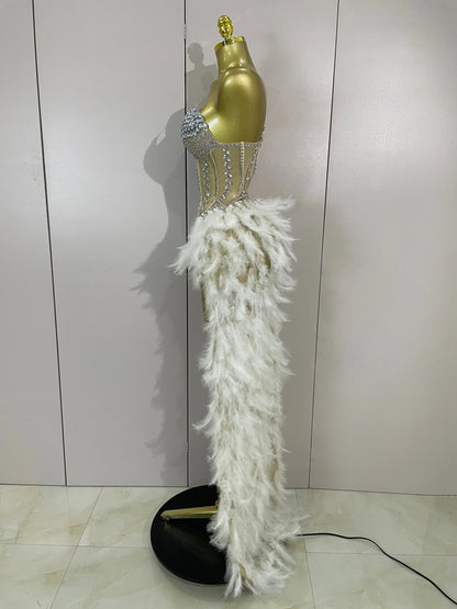 Luxury Sparkly Rhinestones Feathers Long Tail Dress Sexy Mesh Transparent Stage Bodysuit Evening Party Celebrate Birthday Dress