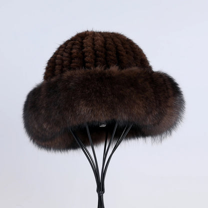 Women's Winter Warm Genuine Premuim Mink Fur Knitted Bucket Hat Furry Real Fur Caps Big Fox Fur Trim Brim Adjustable