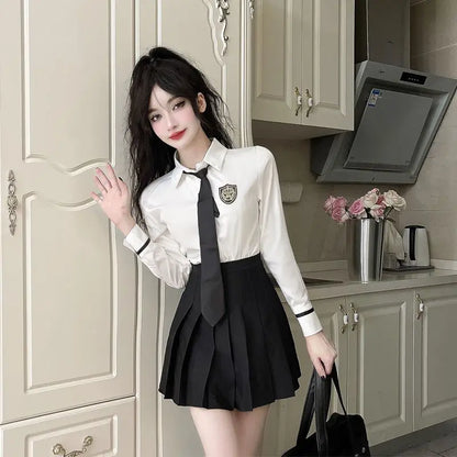 2025 improved daily jk uniform summer new white short/long sleeve shirt + pleated skirt jk uniform two-piece set for women w237