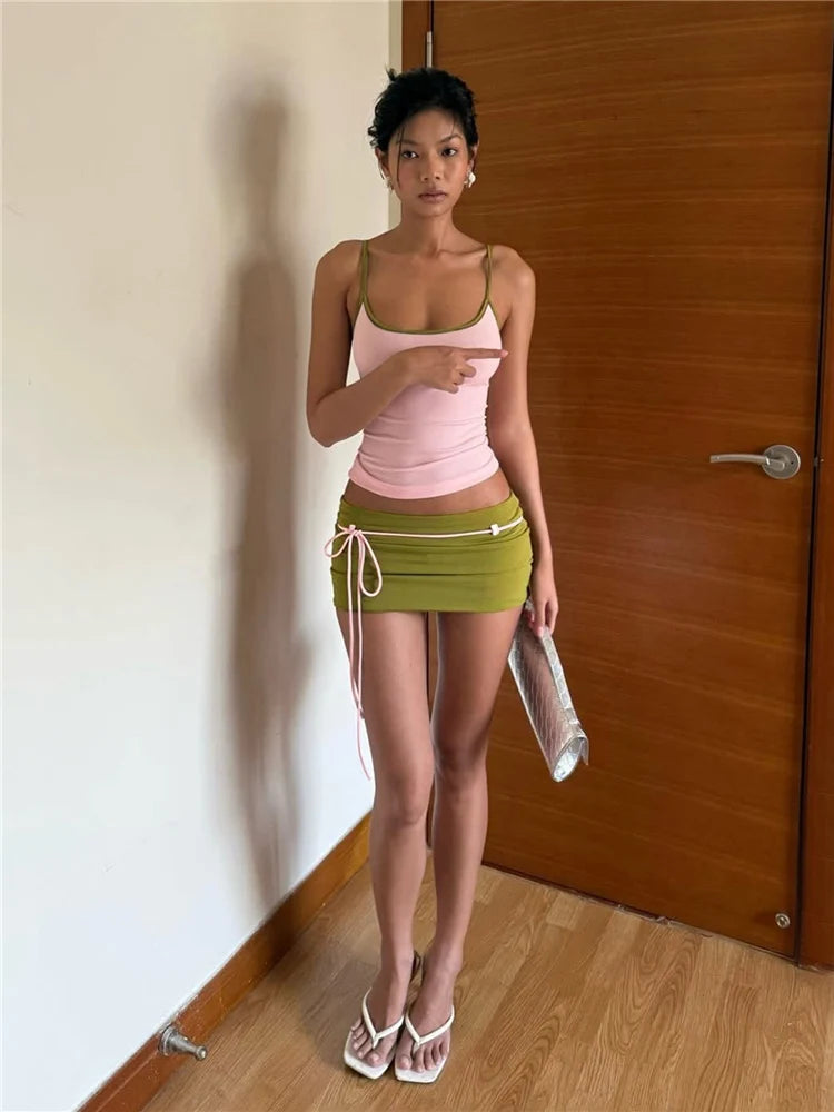 Kliou Contrast Patchwork 2 Piece Set Woman Summer Trend Low-Neck Backless Camisole Tops+Bandage Tassel Mini Skirt Y2K Style Suit