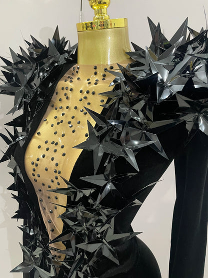 2025 New Shiny Black Rhinestone Velvet Long Sleeve Bodysuit Women Evening Party Club Gala Hosts NightClub Bar Stage Costumes