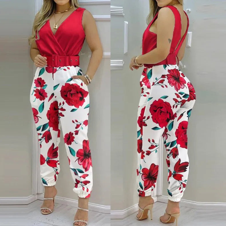 Summer Women Jumpsuits Elegant Office Lady Sexy V-neck Sleeveless Print Jumpsuits New Fashion With Belt Vest Playsuit Streetwear