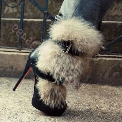 Winter Platform Belt Buckle Soft Fur Short Boots Fashion Show Party Casual Furry Boots New Sexy Women's Stiletto Warm Boots