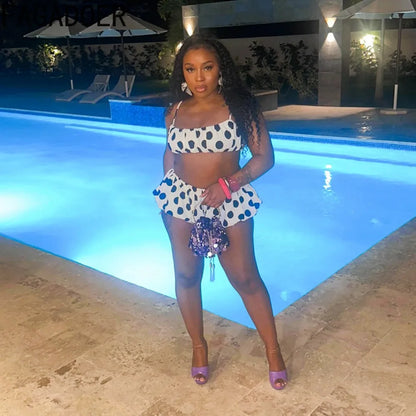 FAGADOER Retro Polka Dot Two Piece Sets Spaghetti Strap Ruched Crop Top + Bubble Puff Shorts Outfits Women Holidays Suits