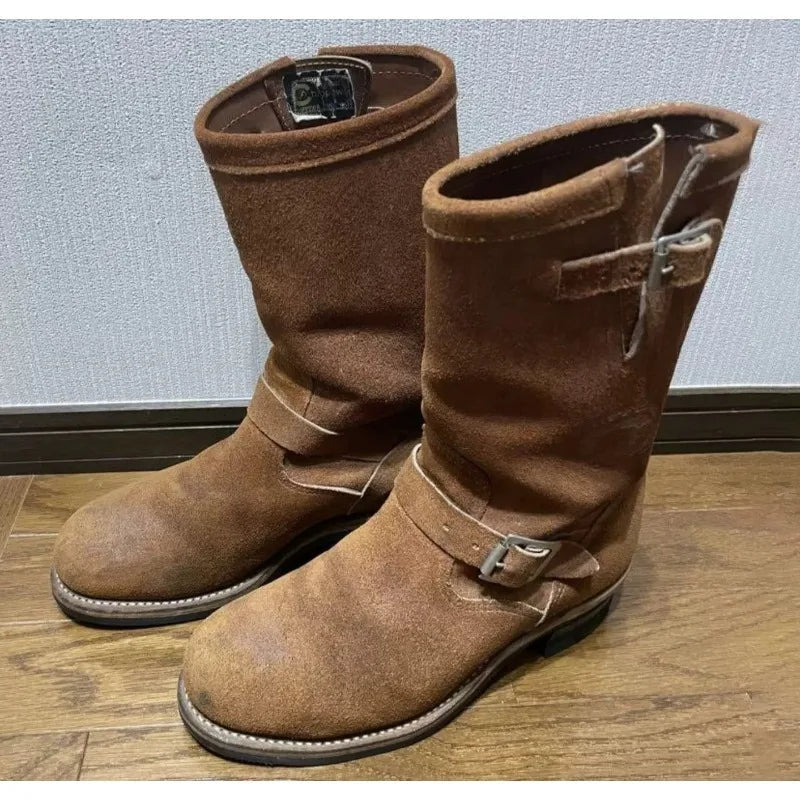 Dark Brown Suede Work Boots Men's and Women's Engineer Ort Shoes American Retro Moto Boots Faded Mid-Calf Shoes Motocross Boots
