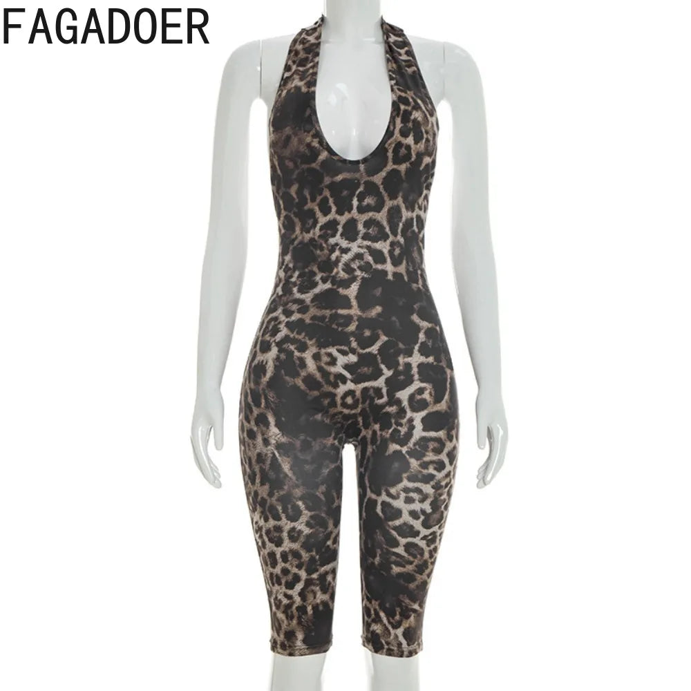 FAGADOER Spring New Sexy Leopard Print Bodycon Jumpsuits Woman Halter Sleeveless Backless Rompers Female Streetwear Overalls
