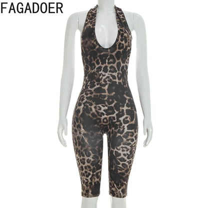 FAGADOER Spring New Sexy Leopard Print Bodycon Jumpsuits Woman Halter Sleeveless Backless Rompers Female Streetwear Overalls