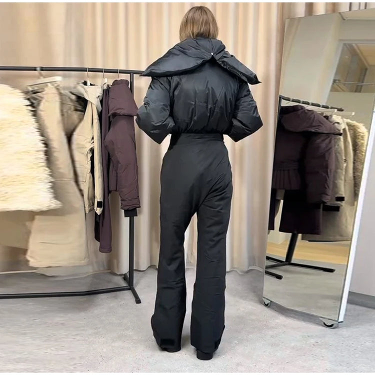 Detachable Hooded Ski Suit Jumpsuit Woman Zipper Color Blocked Long Sleeve Slim Warm Jumpsuits Sports Casual Women's Ski Suits