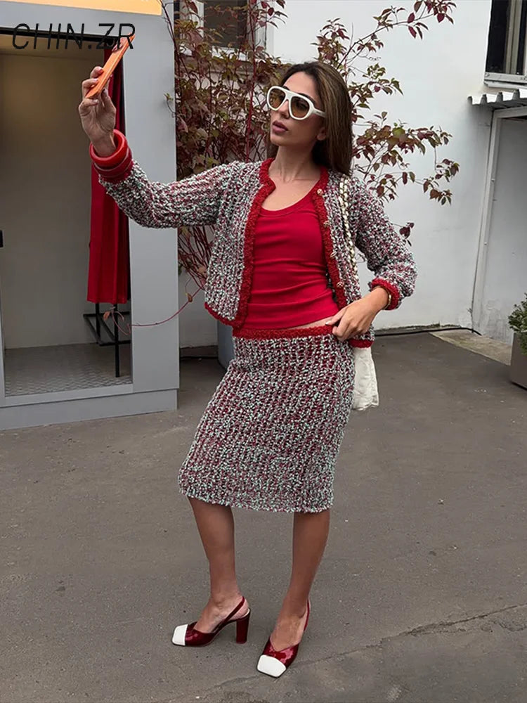 Fashion Knit Hollow Out Women's Skirt Suit O-neck Single Breasted Full Sleeve Cardigan Long Straight Skirts 2026 Autumn Lady Set