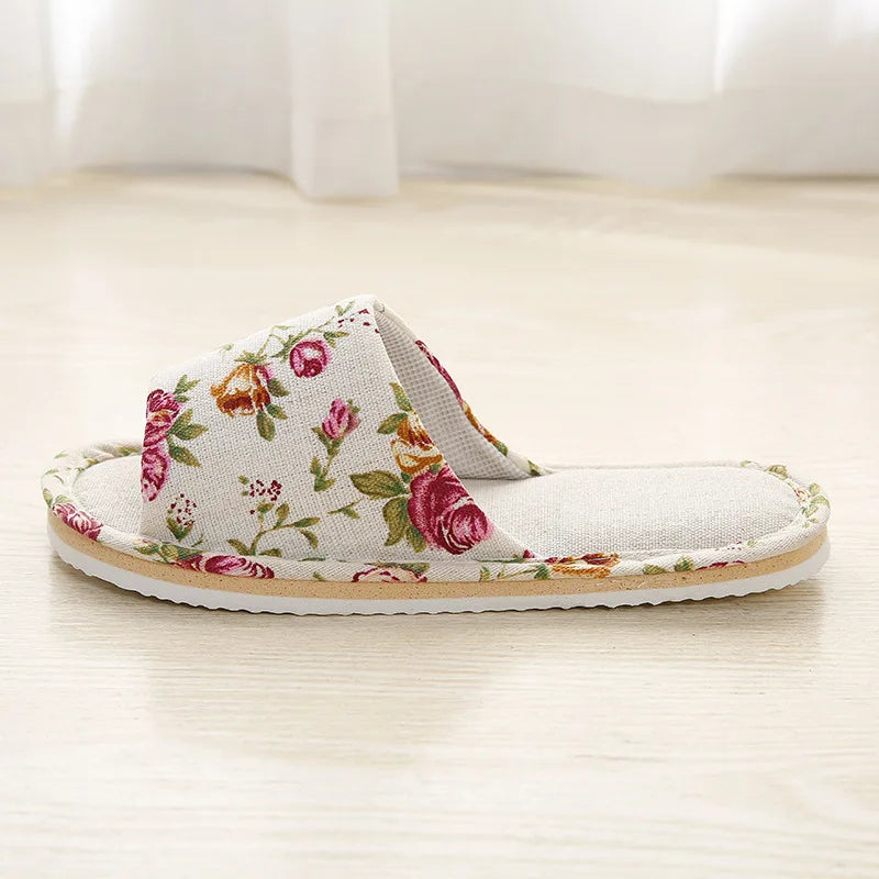 Four Season Linen Home Slippers Women Autumn Indoor Casual Floral Slides Couples House Non-slip Sandals Adults Cartoon Cat Shoes
