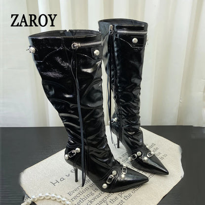 ZAROY Thin High Heels Knee-high Boots Women Winter Shoes Designer Tassels Rivet Side Zippers Sexy Pointed Toe Punk Long Booties