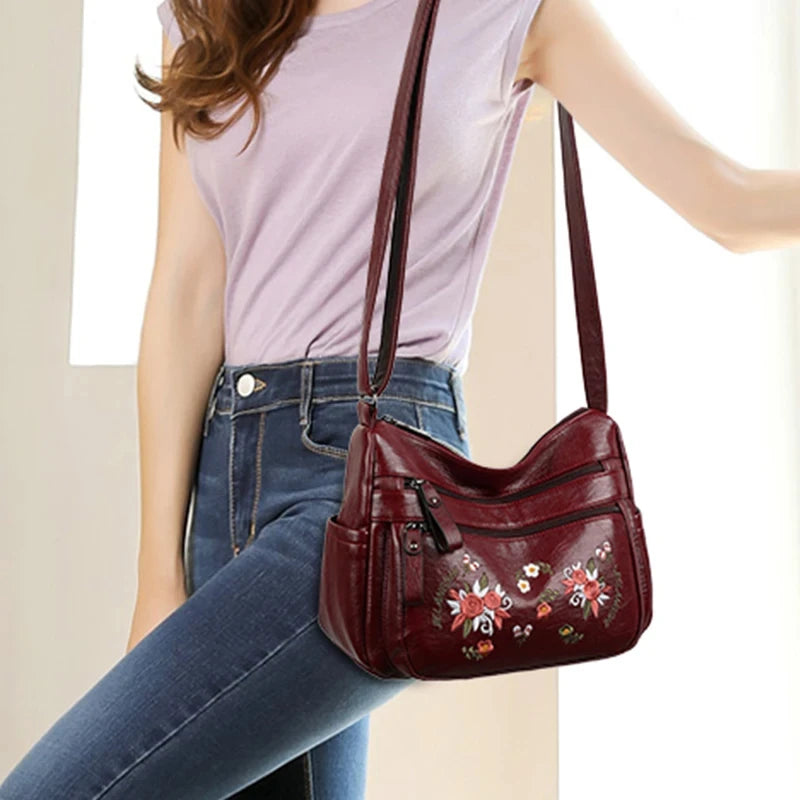 Embroidery Flowers Shoulder Messenger Bag Female Handbags Luxury Designer Purses Soft PU Leather Crossbody Women's Evening Bag