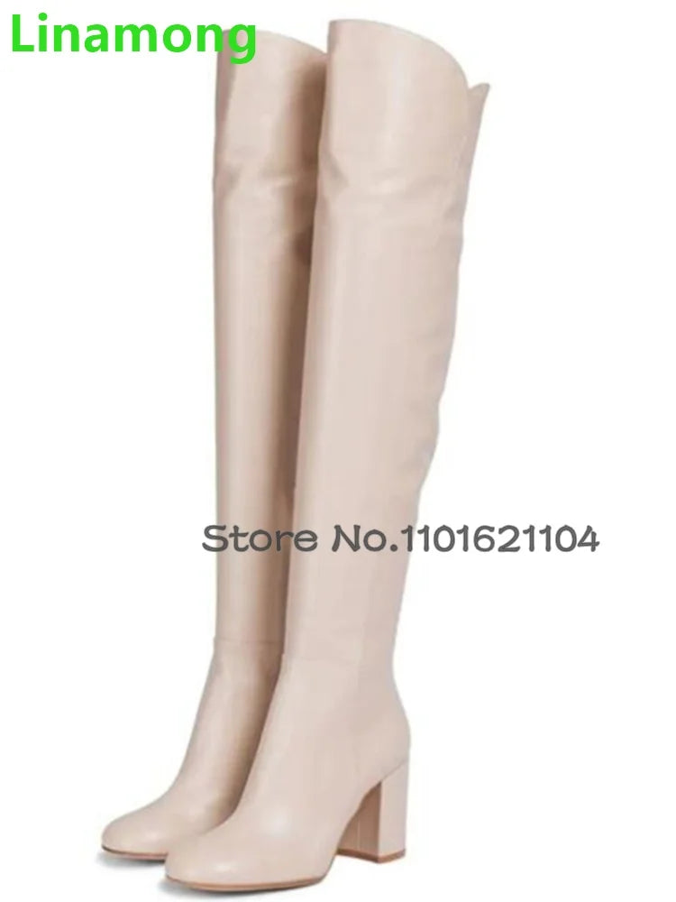 Square Heel Round Toe Leather Fabric Boots For Female Women 2024 Winter New Over-the-knee Side Zipper Elegant Fashion Solid Shoe
