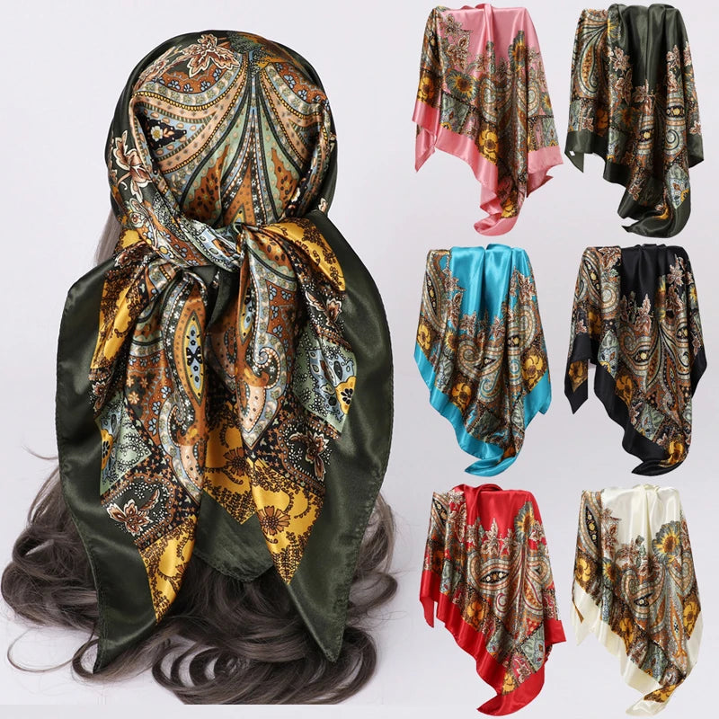 1PCS 90*90cm Square Silk Scarves Women Hijab Shawls Fashion Print Femme Head Scarf Foulard Bandana Beach Pareo