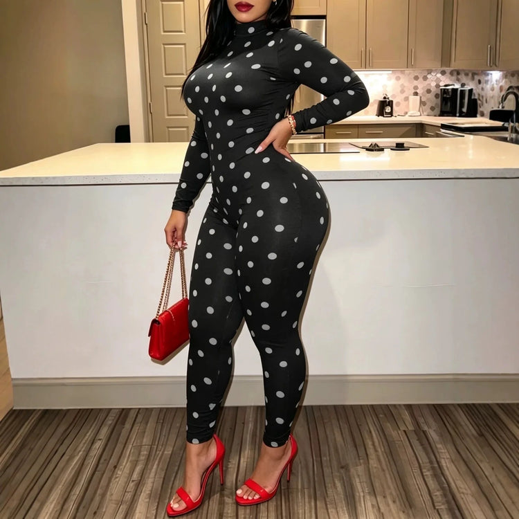 Sexy Women Polka Dot Bodycon Jumpsuit High Neck Long Sleeve Slim Fit One Piece Y2K Clubwear Party Outfit
