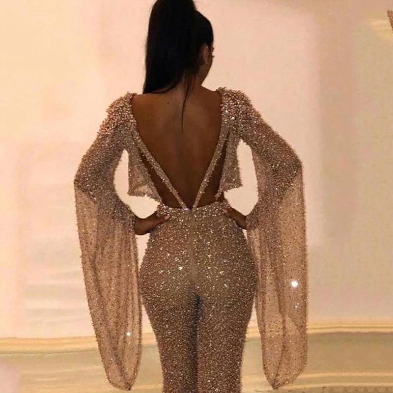 Elegant Flare Sleeve Women Club Party Romper Fashion O Neck Slim Fit Overalls Sexy Cut Out Waist Backless Shiny Sequin Jumpsuits
