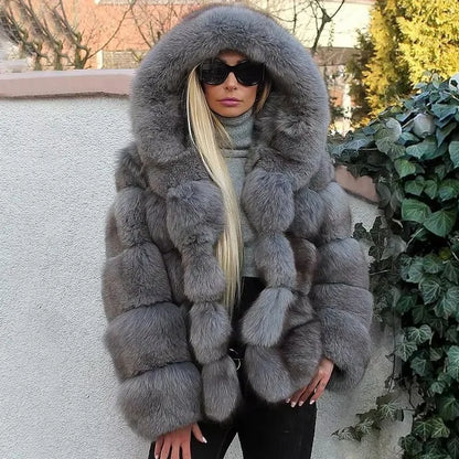 Fashion Winter Women Imitation Fox Fur Jacket Hooded Loose Long Sleeves Female Eco Fur Coat Patchwork Plush Thick Lady Fur Coat