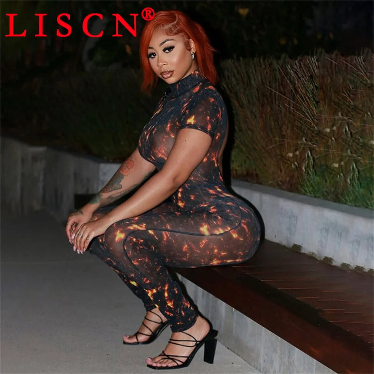10 Wholesale Items Jumpsuits Women Summer 2025 Short Sleeve Bodycon Sexy Y2k Printing Mesh See Through Backless Rompers K15151