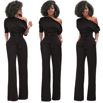 2024 Summer New Fashion Women's Jumpsuit Solid Color Slanted Shoulder Elegant Temperament Sleeveless Long Wide Leg Jumpsuit